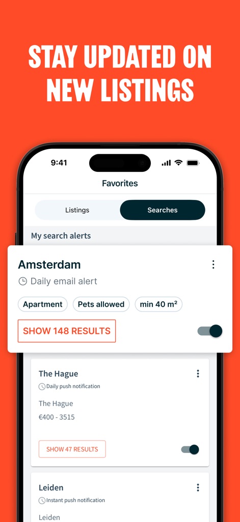 HousingAnywhere - This feature allows users to set 'Daily email alert' notifications for specific locations like Amsterdam and manage them with simple toggle switches for continuous updates.