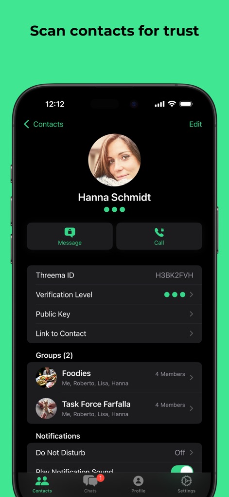 Threema. The Secure Messenger - The app empowers users to verify contacts by displaying their unique Threema ID and assessing the contact's verification level for enhanced trust.