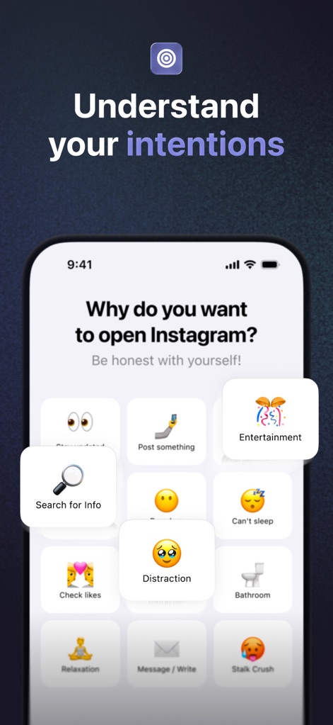 one sec | screen time + focus - このスクリーンショットは、「Understand your intentions」機能を紹介しており、「Why do you want to open Instagram?」という問いに対し、「Entertainment」や「Distraction」といった具体的な理由を選択するインターフェースを提供します。