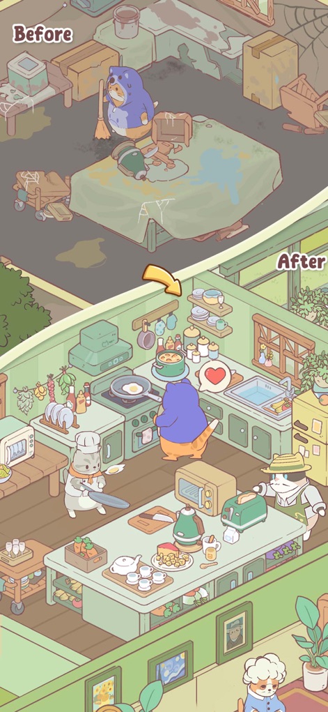 Cats Mansion - Cute Merge Game - See how the app facilitates the transformation from a "Before" messy outdoor area to a pristine "After" kitchen scene filled with busy cats and delicious food preparations.