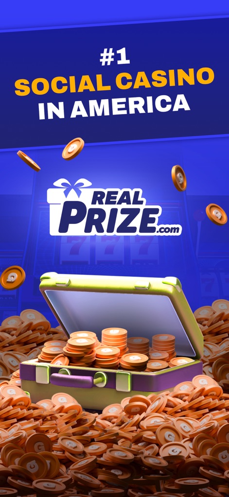 RealPrize Casino - Discover the app's prominent branding with the 'RealPrize.com' logo and the visual abundance of overflowing coins, symbolizing the rich rewards awaiting users.
