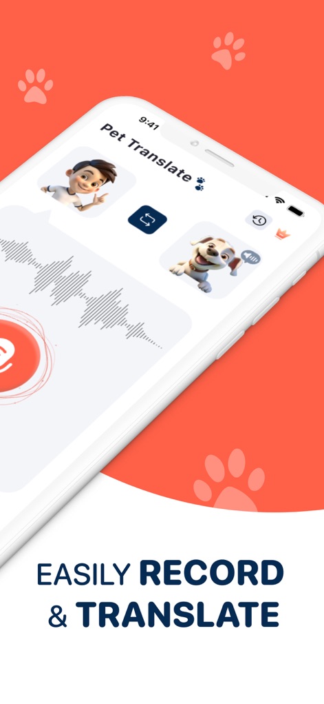 Dog Translator - Dog Talk - Los usuarios pueden grabar su voz con la prominente interfaz de grabación, y la visualización de ondas de sonido en la pantalla ilustra el proceso de traducción de la aplicación.