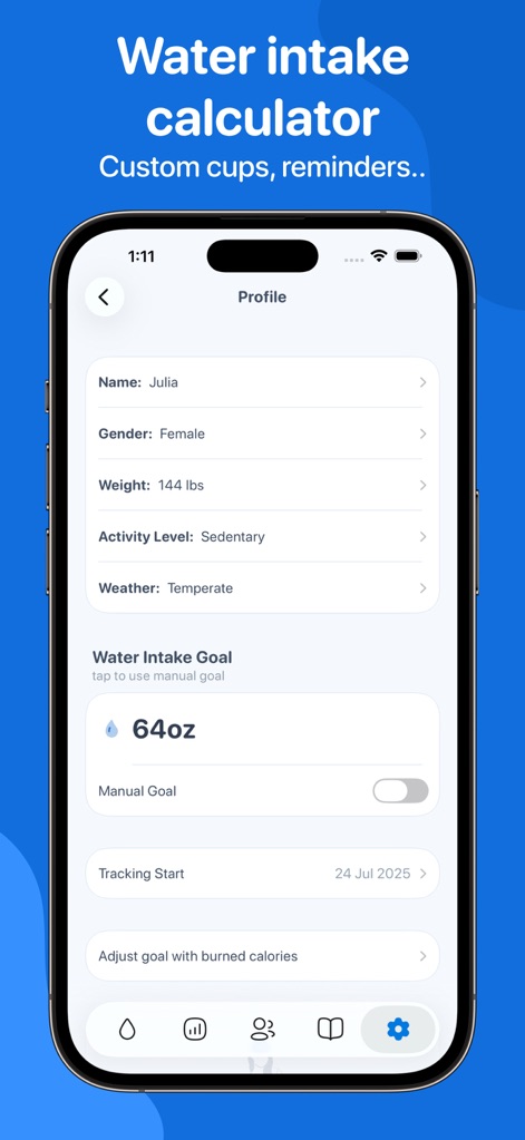 Water Tracker by WaterMinder® - The app calculates a personalized water intake goal based on user profile details like weight and activity level, with options for manual goal adjustment.