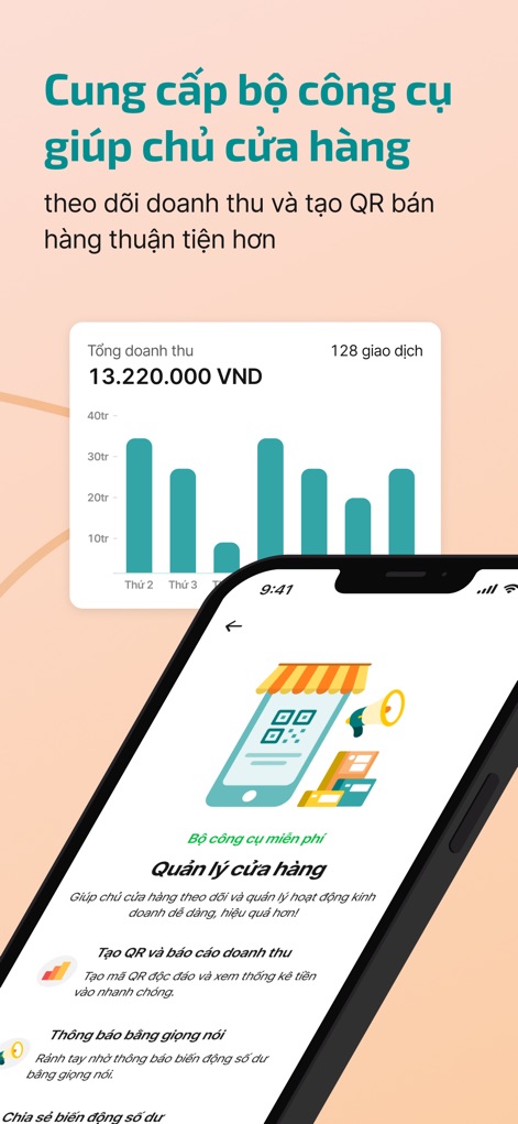 ABBank - Small business owners benefit from an integrated revenue tracking dashboard with bar chart visualizations and practical features like QR code generation for streamlined sales.