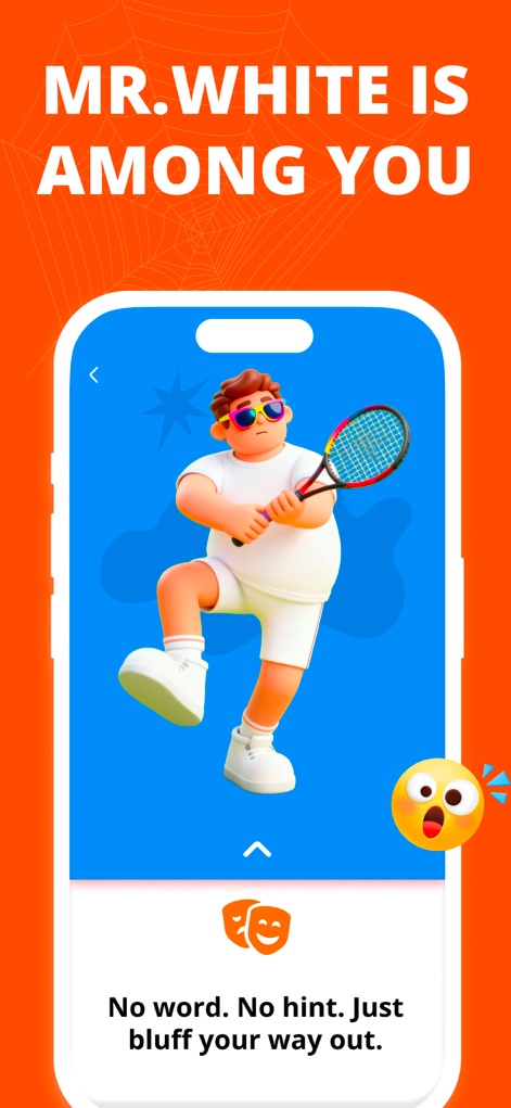 Imposter Game: Spark PartyPass - The app presents the unique "MR.WHITE IS AMONG YOU" mode, challenging players with "No word. No hint" to bluff their way to victory.