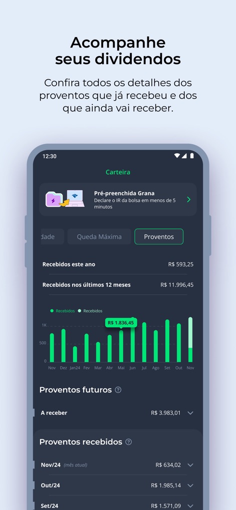 Grana - IR da bolsa automático - This screen provides a comprehensive overview of dividend performance, displaying both historical receipts and future dividend forecasts in an intuitive bar chart format.