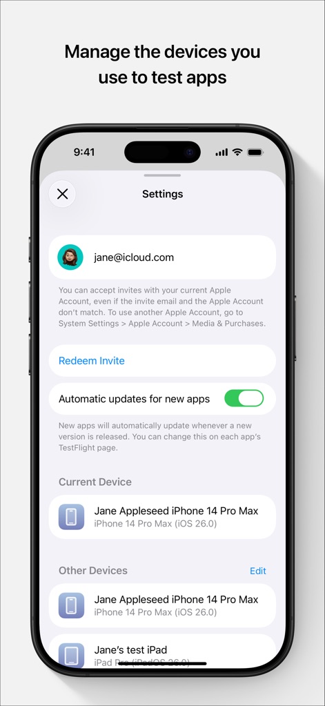 TestFlight - Esta sección de "Ajustes" permite visualizar el correo electrónico asociado a la cuenta y controlar las "Actualizaciones automáticas para nuevas aplicaciones" con un interruptor.