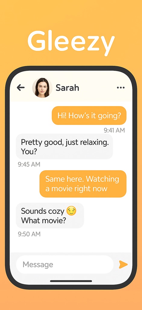 Gleezy - Users can experience the app's intuitive chat layout, displaying dynamic conversational bubbles and a clear message input field for effortless and swift text exchanges.