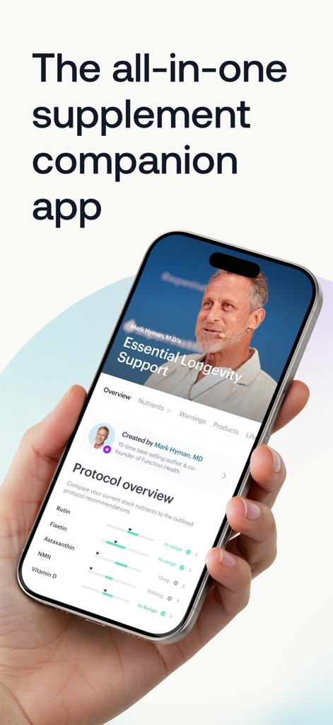 SuppCo: Supplement Scanner - Users can explore tailored supplement protocols, viewing nutrient status and plans crafted by experts like Mark Hyman, MD.