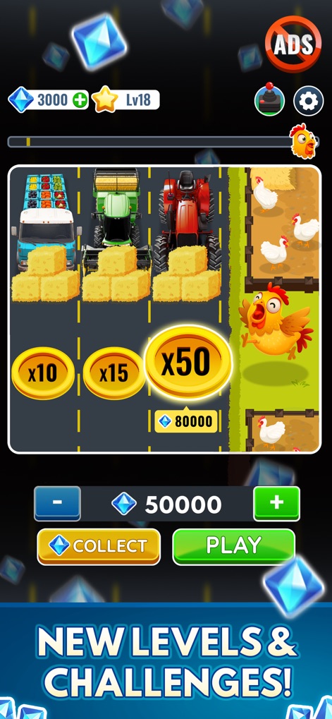 Chicken Cross 2 - Chicken Road - Aquí se observan multiplicadores de puntuación significativamente más altos (x10, x15) y la aparición de otros pollos en el césped lateral, sugiriendo variedad en los desafíos y recompensas.