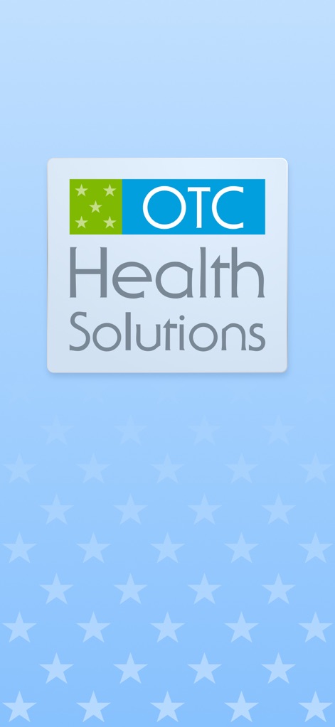 OTC Health Solutions - The initial screen introduces the application with its distinct "OTC Health Solutions" logo, presented against a serene, star-patterned light blue background.
