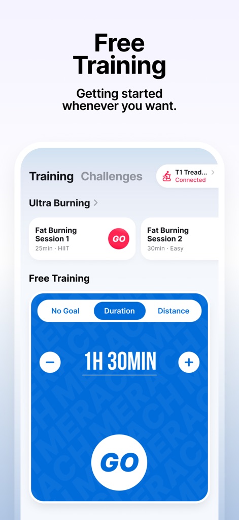MERACH:Fitness Freedom at Home - The app offers adaptable free training options with custom duration and distance goals, allowing users to select tailored sessions like the 'Ultra Burning' series for varied intensity.