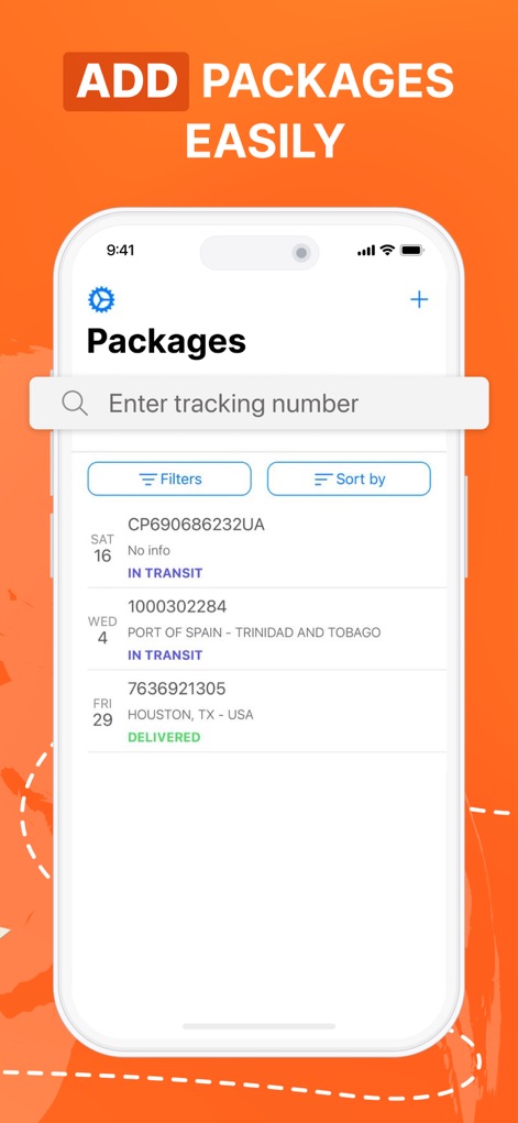 Package Delivery Tracker App - Nutzer können Pakete mühelos über das "Enter tracking number"-Feld hinzufügen und die Übersicht mittels der praktischen "Filters" und "Sort by" Optionen anpassen, um ihre Sendungen effizient zu verwalten.