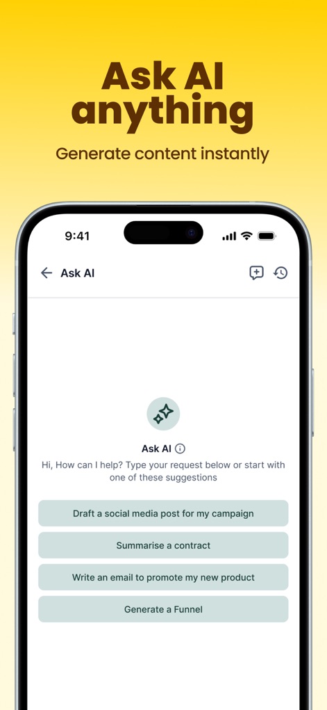Lead Connector - The app introduces an AI assistant for instant content generation, offering suggestions to "Draft a social media post" or "Summarise a contract".