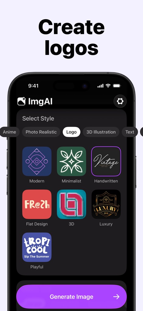 AI Photo Generator: ImgAI - This tool offers a dedicated "Logo" style selector, providing diverse design options from "Modern" to "Handwritten," enabling users to effortlessly "Create logos" for any brand.