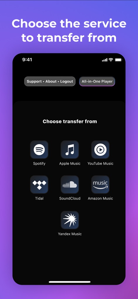 Transfer Music - Los usuarios pueden iniciar el proceso seleccionando la plataforma de origen deseada, como se muestra en la cuadrícula de iconos de servicios como Yandex Music y Amazon Music.