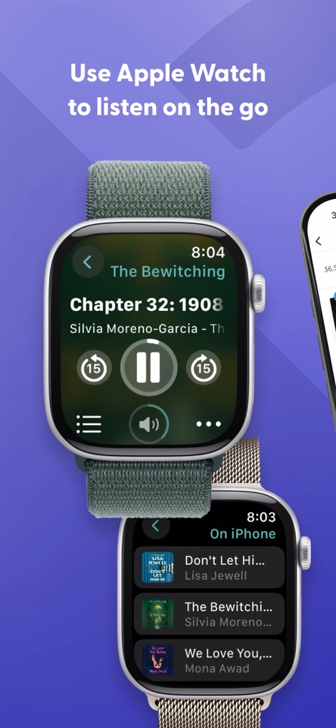 Libro.fm Audiobooks - Apple Watchでの再生画面では、再生/一時停止ボタンや15秒送り/戻しボタンが表示されており、手首から直接オーディオブックを操作できます。これにより、移動中でもスムーズなリスニングが可能です。