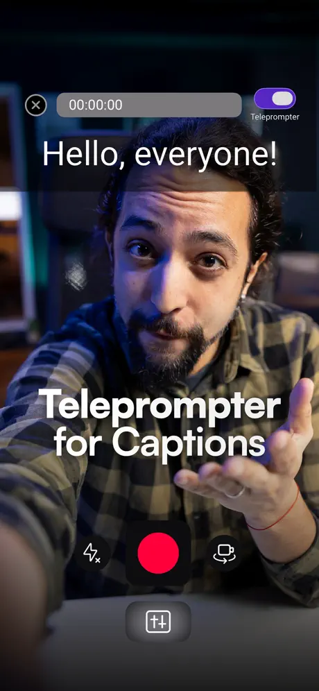 AI Captions teleprompter feature showing script overlay while recording
