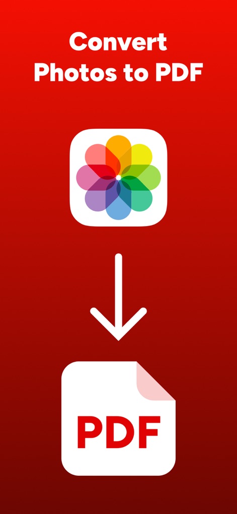 PDF Maker - Convert to PDF - L'application permet de transformer rapidement des photos de la galerie (icône de l'application Photos) en documents PDF professionnels, simplifiant la gestion des visuels.