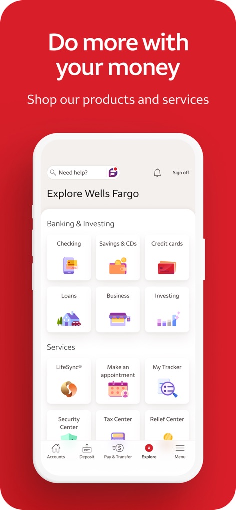 Wells Fargo Mobile® - O aplicativo permite explorar diversos produtos e serviços, categorizados sob 'Banking & Investing' e 'Services', incluindo o 'Security Center' e o 'Tax Center'.