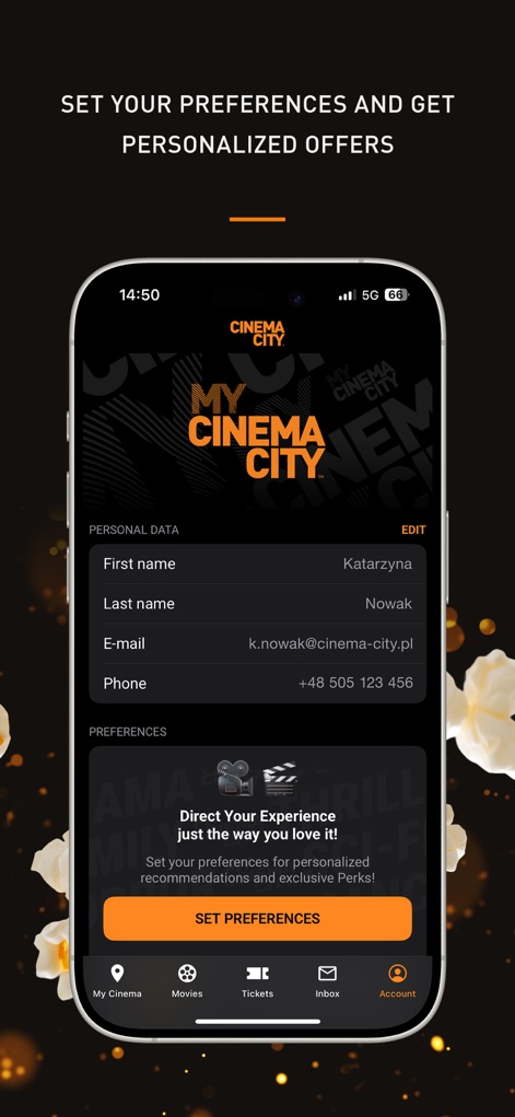 Cinema City: Movies & Tickets - Users can easily manage personal data and customize their preferences to receive personalized offers and recommendations from the app.