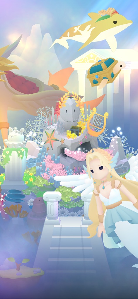 Tap Tap Fish - AbyssRium - Explore the app's mystical landscapes, featuring an elegant mermaid companion and a majestic golden shark flying above the coral structure.
