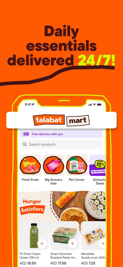 talabat: Food, grocery & more - Le 'talabat mart' simplifie l'achat de produits essentiels, organisant l'offre par catégories claires comme 'Fresh Fruits' et proposant des 'Exclusive Deals' pour maximiser les économies.