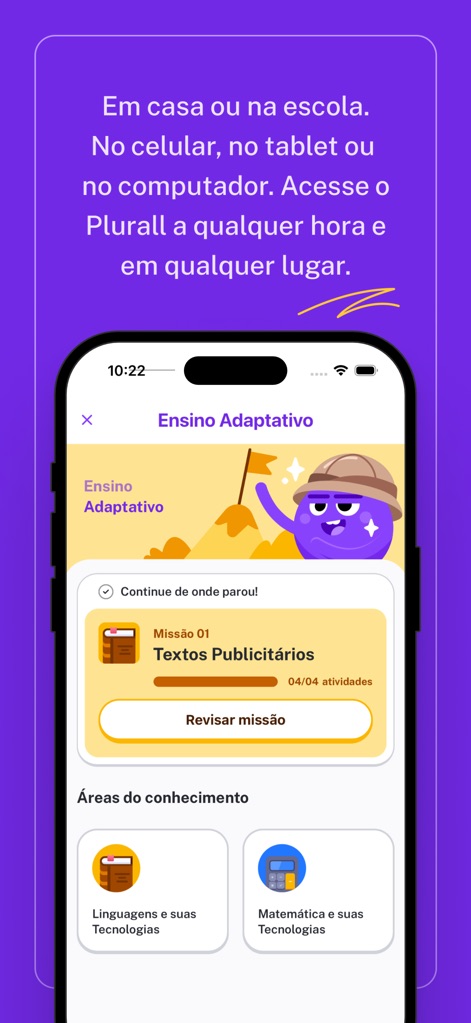 Plurall - SOMOS Educação - Witness the app's adaptive learning features, including mission-based progress tracking and clearly defined 'Áreas do conhecimento' (Areas of Knowledge) for structured study.