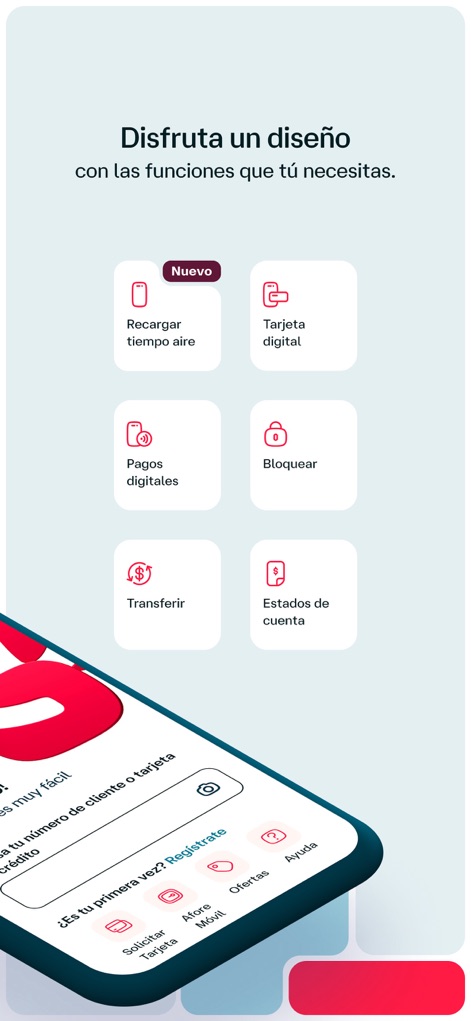 App Banamex - La aplicación presenta un diseño limpio con seis accesos directos a funciones clave como "Recargar tiempo aire" y "Tarjeta digital", permitiendo a los usuarios gestionar sus finanzas de forma rápida.