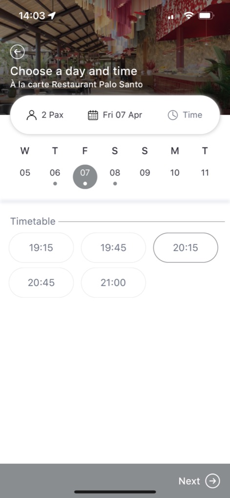 Barceló Hotel Group - Nutzer können bequem einen Tisch reservieren, indem sie das gewünschte Datum und die Personenanzahl auswählen und aus verfügbaren Zeitfenstern wählen.
