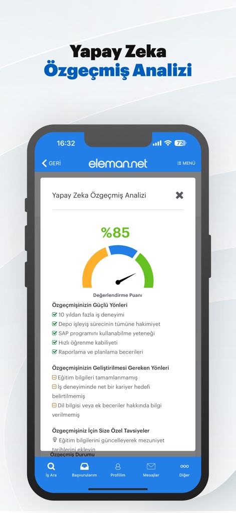 eleman.net İş İlanı Ara & Bul - The app offers an AI Resume Analysis feature, providing users with an evaluation score and detailed insights into strong points and areas for improvement.