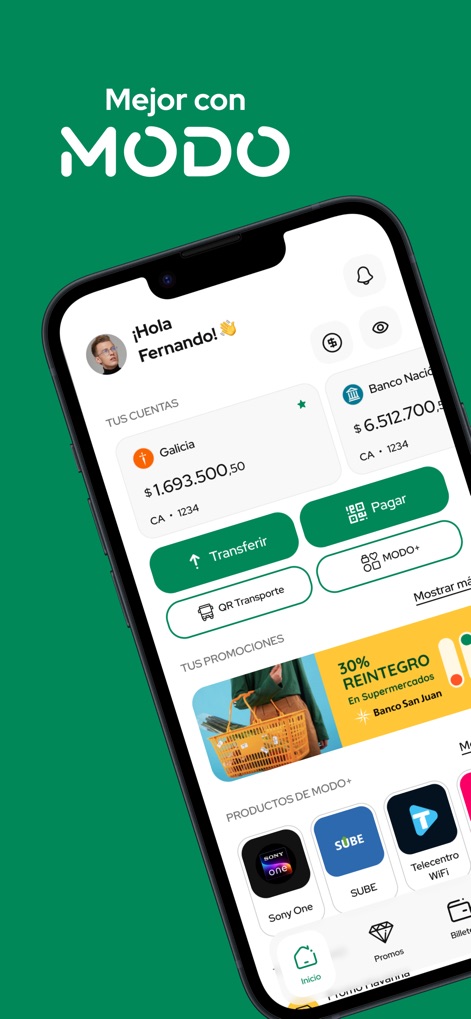 MODO - Découvrez comment MODO organise les soldes bancaires en direct et les raccourcis d'action rapide pour le paiement et les transferts.
