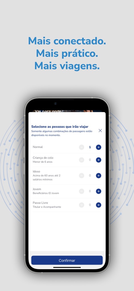Guanabara: passagens de ônibus - The app provides a flexible passenger selection interface, clearly categorizing travelers into groups like 'Normal' and 'Idoso' and allowing easy adjustment of quantities with intuitive +/- controls.