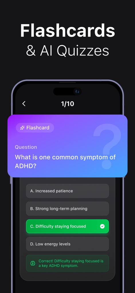 Voice Recorder: AI Note Taker - Engage with the app's innovative learning tools, featuring interactive flashcard questions and AI-powered quiz options designed to reinforce comprehension.