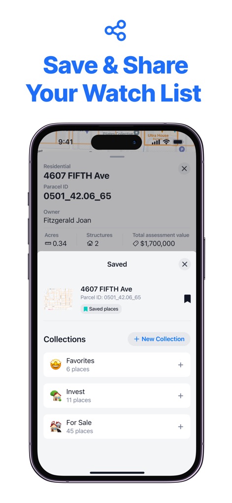 LandMap Property Line Finder - Users can efficiently organize saved parcels into custom collections like 'Favorites' or 'Invest' and easily share land parcel listings with others.