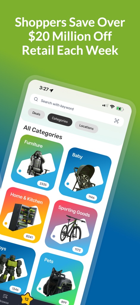 MAC.BID - Users can effortlessly navigate through various interactive category cards, each displaying item counts for popular selections like Furniture and Home & Kitchen.