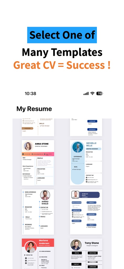 ResuME Maker - CV Jobs Builder - Gli utenti possono selezionare tra una vasta galleria di modelli professionali, ciascuno con un design unico e la possibilità di presentare le proprie competenze e la formazione in modo accattivante.