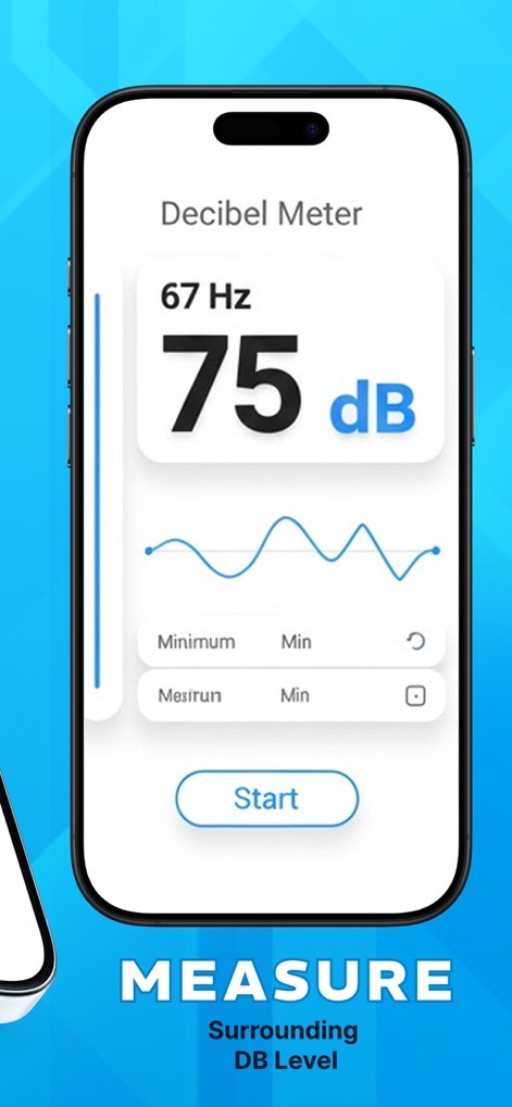 PureWave Al Care - Users can monitor their acoustic environment with a live 75 dB meter and visualize sound levels with real-time frequency data at 67 Hz.