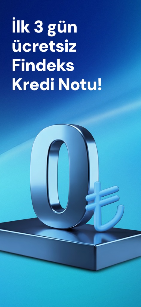 Findeks: Kredi Notu - This tool highlights an attractive free trial for its credit score service, clearly showcasing the '0' cost for initial access to essential financial insights.