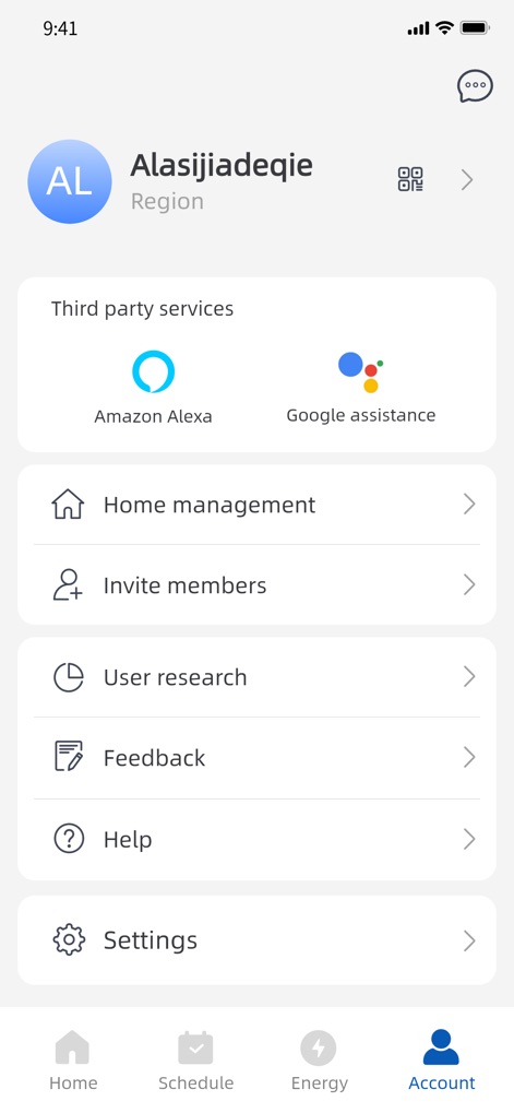 GREE+ - この画面では、Amazon AlexaやGoogle Assistantなどのサードパーティ連携オプションが提供されており、ユーザーはホーム管理や設定など多岐にわたるアカウント管理メニューを通じて、アプリをカスタマイズできます。