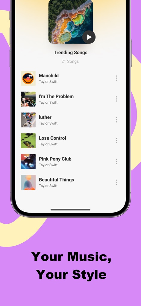 SonicNest-Music Player - Users can explore new sounds within the "Trending Songs" section, featuring prominent album art and a clear list of tracks with artist information for easy browsing.