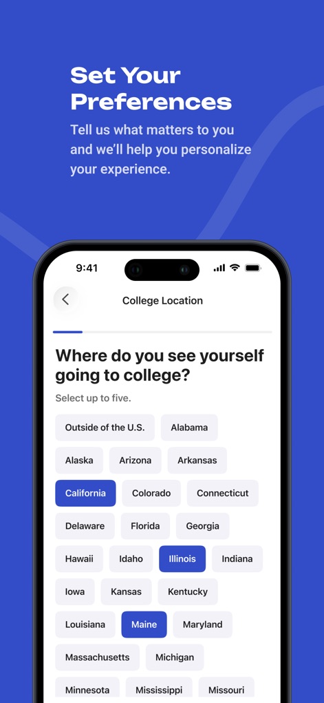 BigFuture School - The app allows students to define their ideal college setting by selecting specific 'College Location' preferences and interactive state buttons.