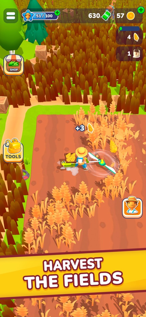 Little Farm Story: Idle Tycoon - Los jugadores son testigos de cómo un personaje maneja un pequeño tractor animado para recolectar el trigo, y se observan los campos dorados de cereales listos para ser cosechados eficientemente.