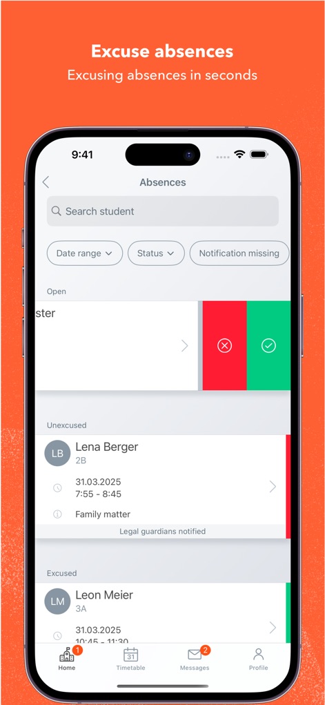 Untis Mobile - The tool facilitates swift absence processing, enabling users to filter by 'Date range' and utilize intuitive swipe actions for quick excuse/unexcuse decisions.