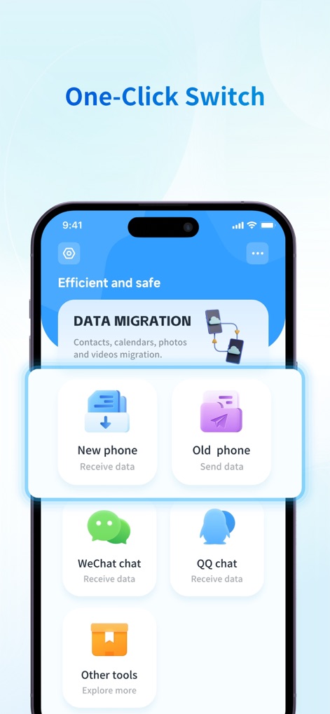 Smart Switch - Copy My Data - Discover the app's "One-Click Switch" functionality, providing intuitive options to "Receive data" on a new phone or "Send data" from an old device.