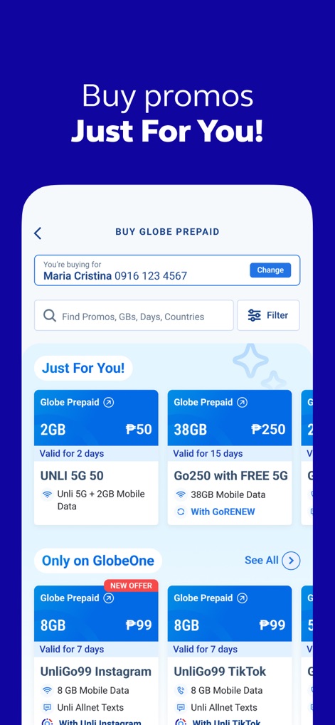 GlobeOne: Get More from Globe - Les utilisateurs peuvent explorer une sélection de promotions exclusives clairement étiquetées "Only on GlobeOne" et affiner leur recherche grâce à l'icône de filtre dédiée, garantissant des offres adaptées à leurs besoins.