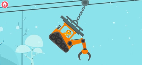 Dinosaur Digger 3: Truck Games - The app presents unique scenarios, such as this excavator being hoisted by a heavy-duty chain in a charming snowy landscape.