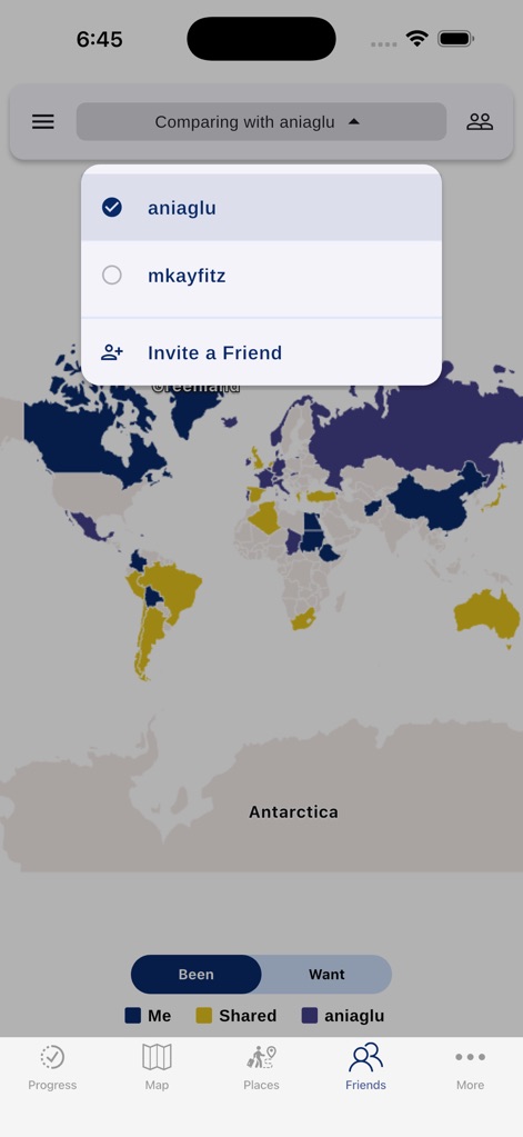 Visited: Travel Tracker & Map - L'application permet de comparer son avancée en voyage avec celle d'amis (aniaglu) directement sur la carte et d'inviter de nouveaux compagnons pour des défis collectifs.