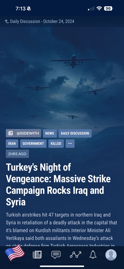 iSideWith - Explorez l'actualité politique internationale avec des articles détaillés sur des événements majeurs comme les frappes en Irak et Syrie, classés par des balises thématiques précises et une chronologie claire pour une compréhension globale.