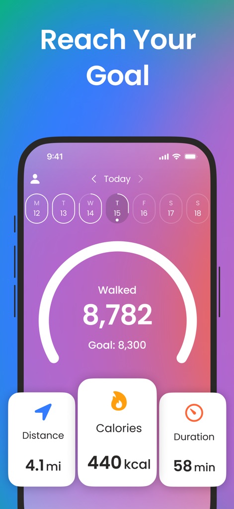 Walking App: Step Counter Go - Os usuários podem visualizar o número de passos diários e o objetivo atual, enquanto acompanham métricas essenciais como a distância percorrida e as calorias queimadas.